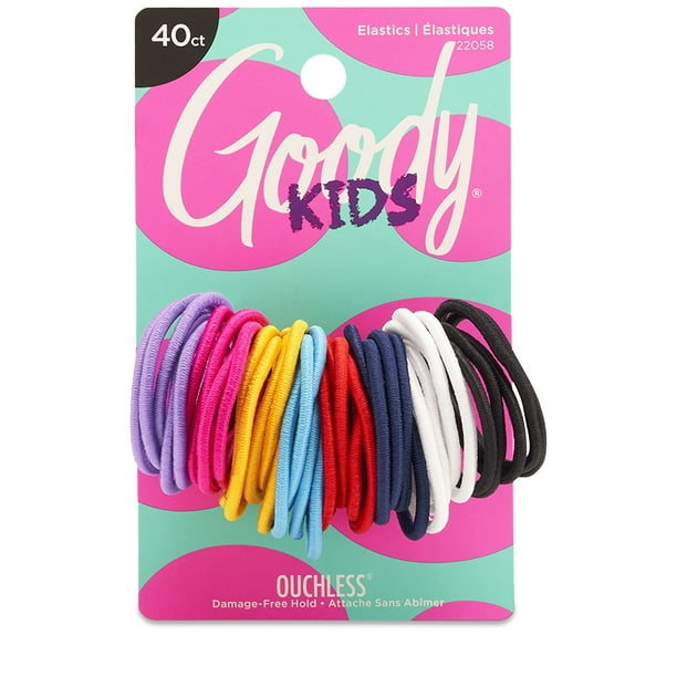 Gomas elásticas para el pelo Goody Kids Ouchless: sin tirones ni roturas, fijación sin enredos para cabello fino. 40 unidades, colores surtidos. Gomas de larga duración para niñas y niños.