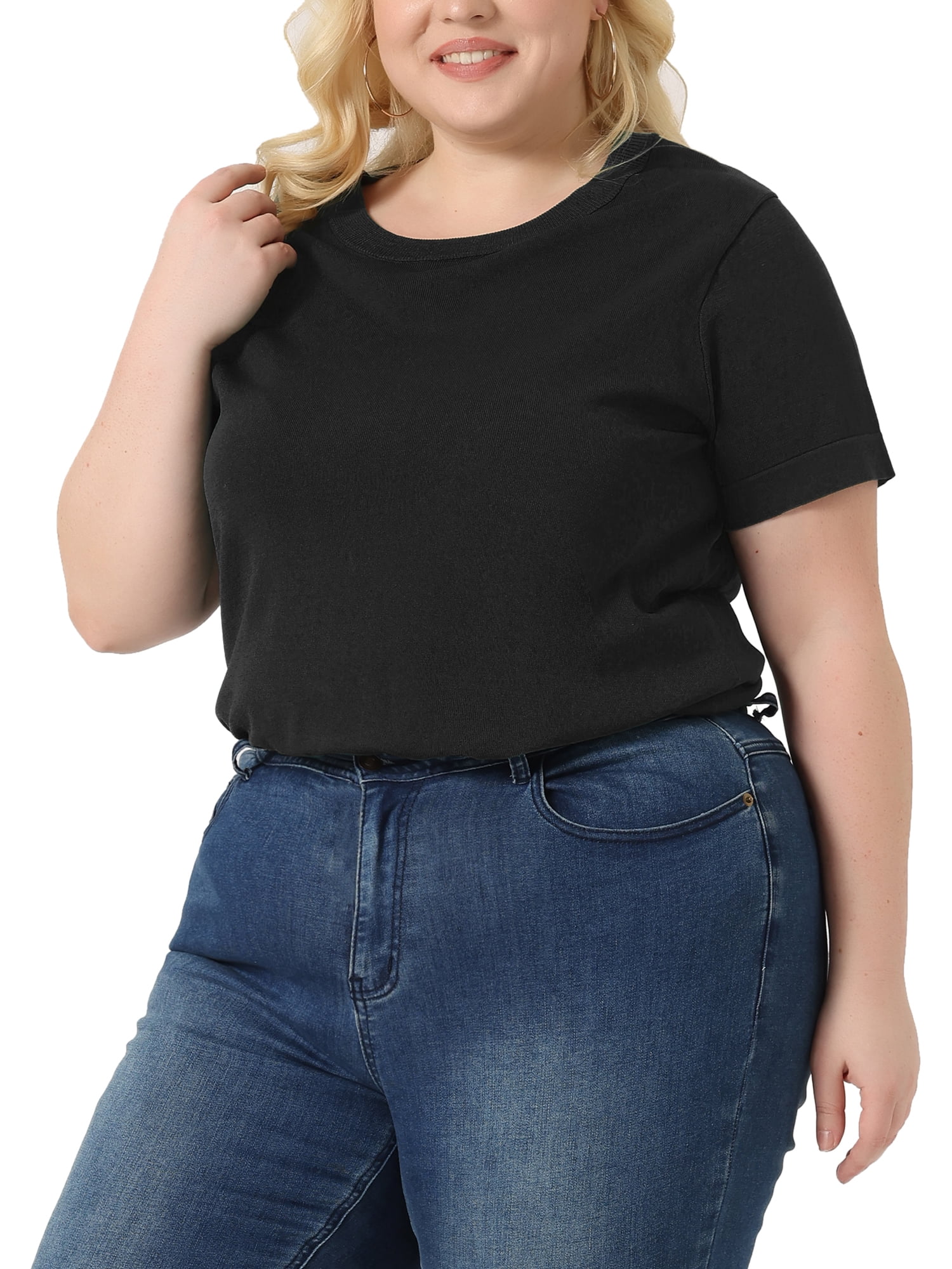 Unique Bargains Women Plus Size Tops Basic Round Neck Short Sleeve Knit Tee Blouses 4X Black