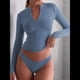 thumbnail image 5 of Top Corto de Larga con Cuello en V y Cremallera de un Cuarto para Mujer, Moda de Otoño 2025 Azul Gris M, 5 of 8
