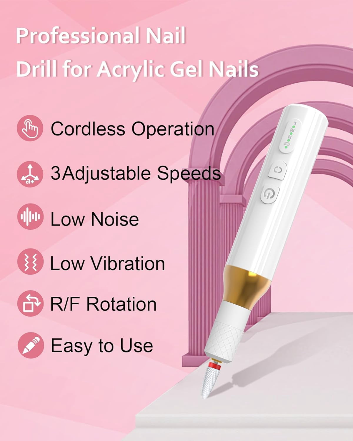 Professional Nail Drill for Acrylic Nails Gel, Protable Electric Cordless Nail Files Efile Manicure Kit Rechargeable for Acrylic Polish Women