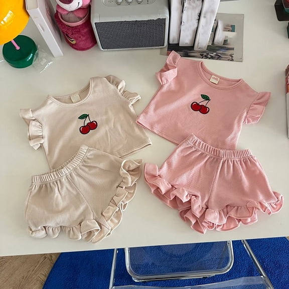 FASHOFT Toddler Girl Outfits Set Summer Floral Lace Trim Short Sleeve Top And Shorts Casual Playwear For 1 8 Years Old Girl Clothing Sets Beige