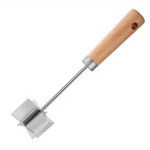 Machacador de carne de acero inoxidable con 6 cuchillas afiladas y mango de madera. Picador de carne molida para hamburguesas, papas y verduras.