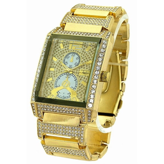 Men’s Gold-Tone CZ Clubbing Watch – 54mm Case, Gold Dial, Gold Link Bracelet