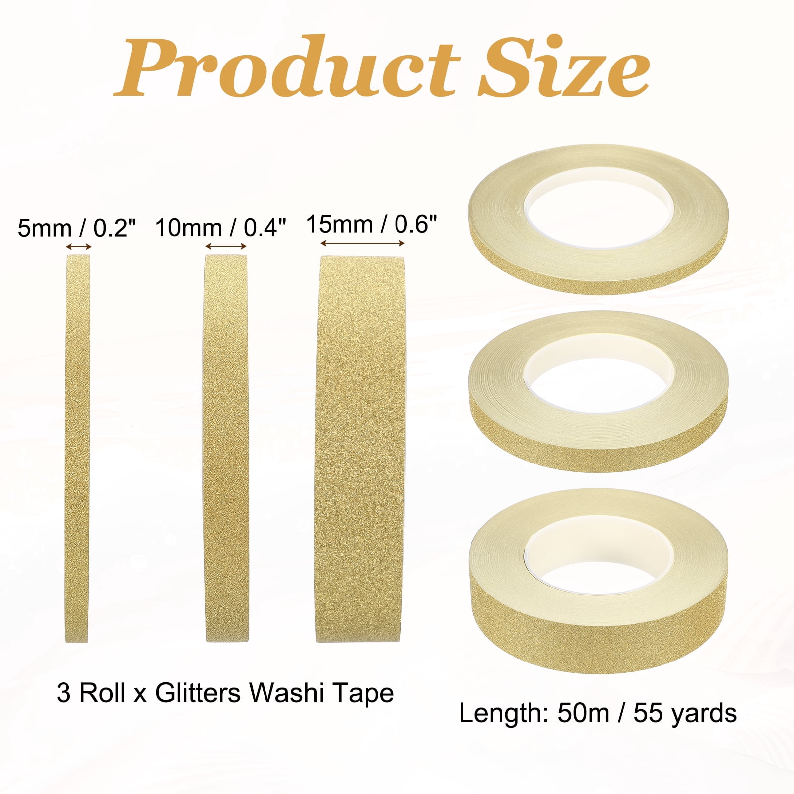 Uxcell 3Roll Glitters Washi Tape, 0.2/0.4/0.6 Inch (W) x 55 Yards (L) Sparkling Decorative Washi Tape Self Adhesive for DIY Crafts, Gift Wrapping, Scrapbook, Party Decorations, Light Gold