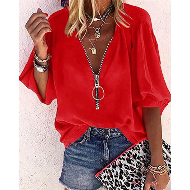 Color sólido de manga larga con cuello en V con cremallera camisas de mujer MABOTO Rojo M