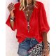 thumbnail image 1 of Color sólido de manga larga con cuello en V con cremallera camisas de mujer MABOTO Rojo M, 1 of 5