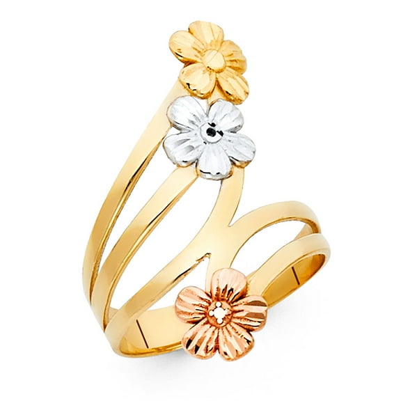Flower Ring 14k Yellow White Rose Gold Curve Band Fashion Style Polished Solid Tri Color 27MM, Size 7