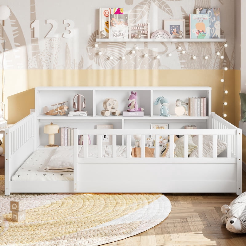 Bellemave Full Montessori Bed with Storage Shelves, Wood Floor Bed with High Rail and Bookcase, Easy Assemble Full Size Beds Frame(White)