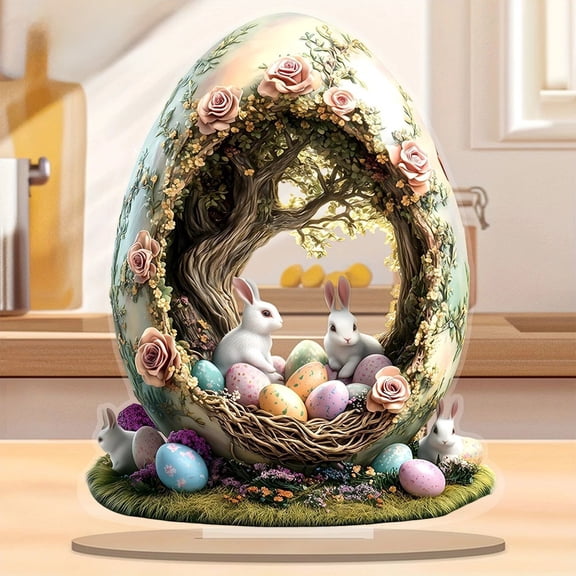AZXY Easter Decorations, 2D Pastel Egg & Bunny Tabletop Decor, Floral Nest Rustic Farmhouse Spring Ornament for Kitchen Garden Patio, Easter Gifts for Family
