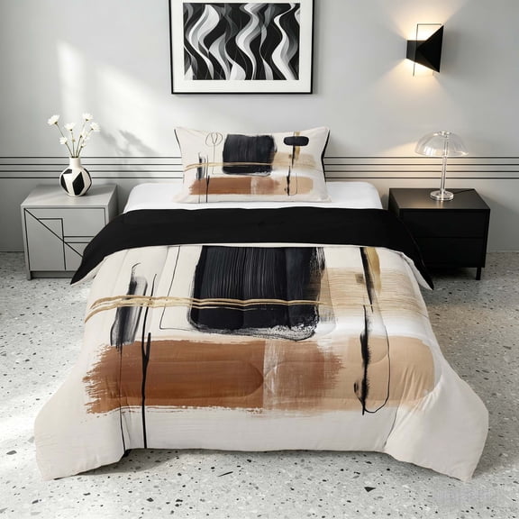 Manfei Mid Century Ombre Twin Comforter Sets, Brown Black Beige Oil Painting Bedding Set, Black Reversible 2-Piece, 1 Comforter and 1 Pillowcase