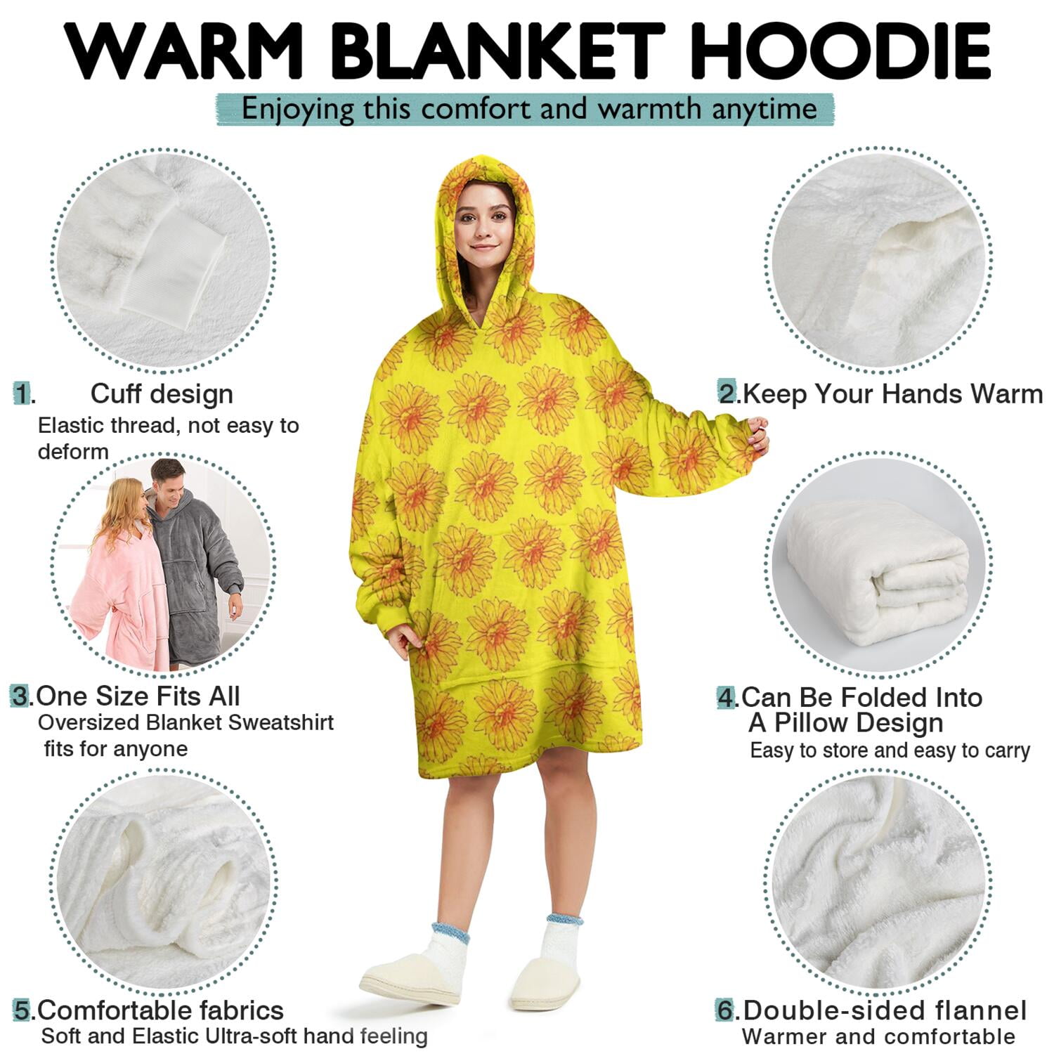 Yellow Sunflower Flower Pattern Wearable Oversized Blanket,Wearable Blanket Hoodie for Adults,Cozy Hooded Blankets with Super Pockets,Super Warm Fuzzy Pullover for Women & Men