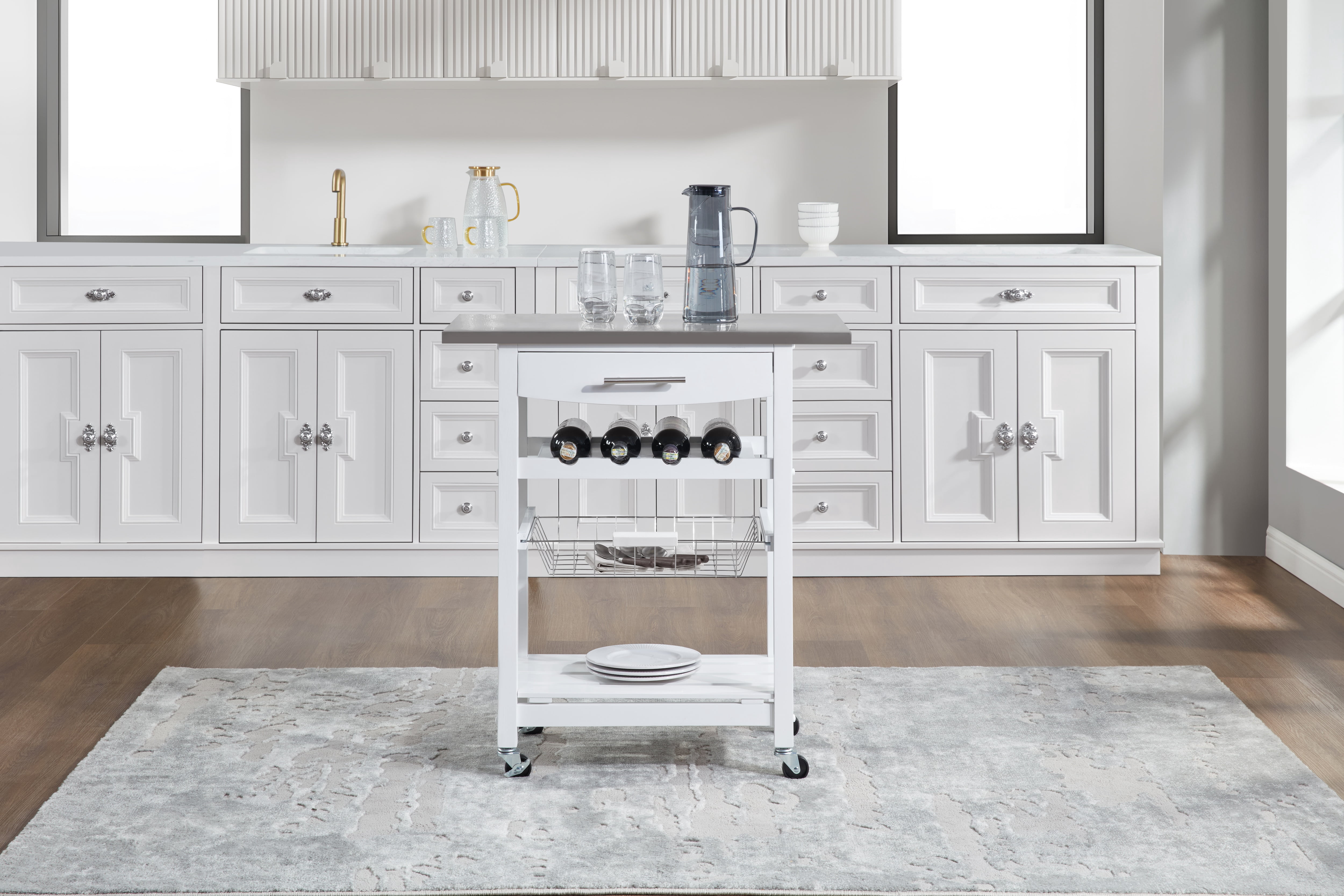 MAYEERTY Mobile Rolling Kitchen Island with Stainless Steel Work Surface, Drawer & Storage Basket