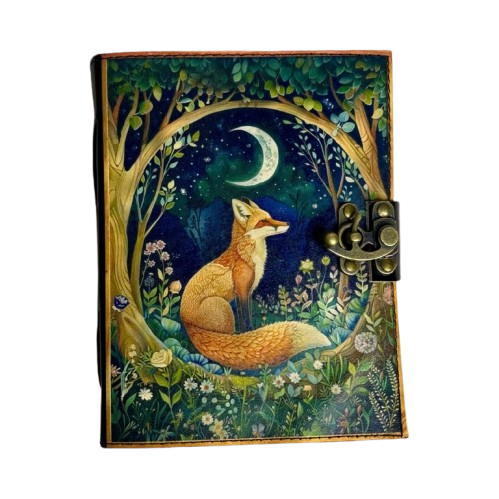 Handmade Leather Journal with Fox & Moon Artwork – 5x7 Inch Vintage Notebook with 200 Deckle Paper Pages, Antique Clasp, Woodland Writing Diary