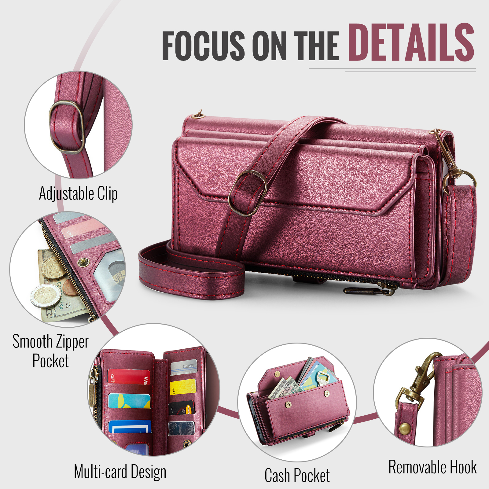 Compatible with Samsung Galaxy S25 Plus S25+ 5G Zipper Wallet Phone Case Tempered Glass Screen Protector Crossbody Lanyard Strap Flip Card Holder Slot Cell Cover for S25Plus 25S + S 25 Women Wine Red