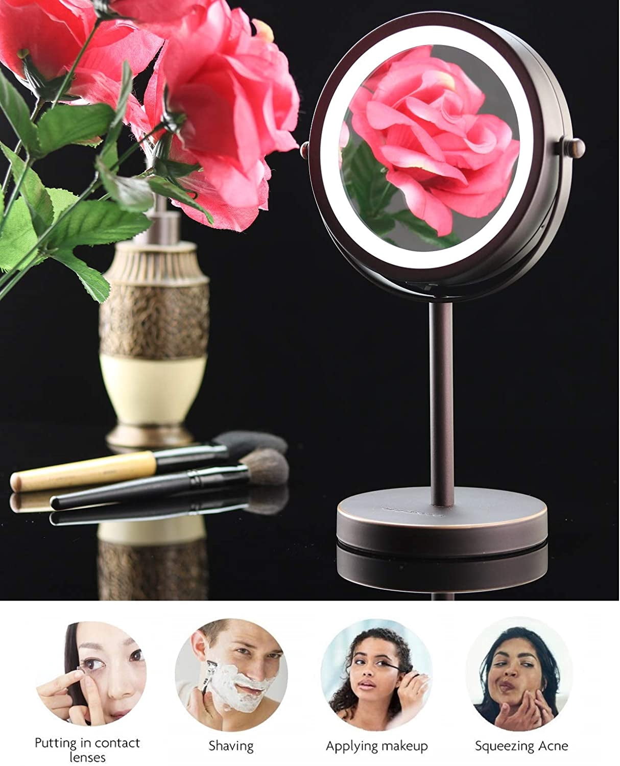 OVENTE 6" Lighted Makeup Mirror with 1X/7X Magnification, Cordless Tabletop Mount Vanity Round Mirror with 360° Swivel Design and Double Sided Cool Tone LED Ring Light, Antique Bronze MLT60ABZ1X7X
