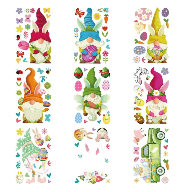 Easter Window Decals for Glass Windows 9-Piece Set Removable Repositionable Bunny Gnome Dwarf Decorative Strips 8 in x 12 in
