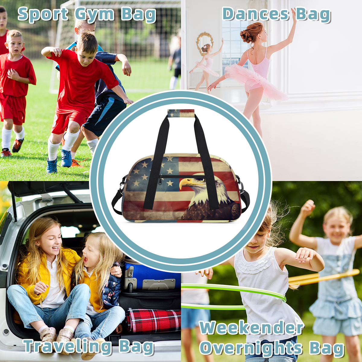 Herdesigns American Flag Eagles Sports Duffle Bag for Women & Men, Patriotic USA Flag Gym Bag Dance Bag Overnight Bag Carry On Weekender Travel Bag