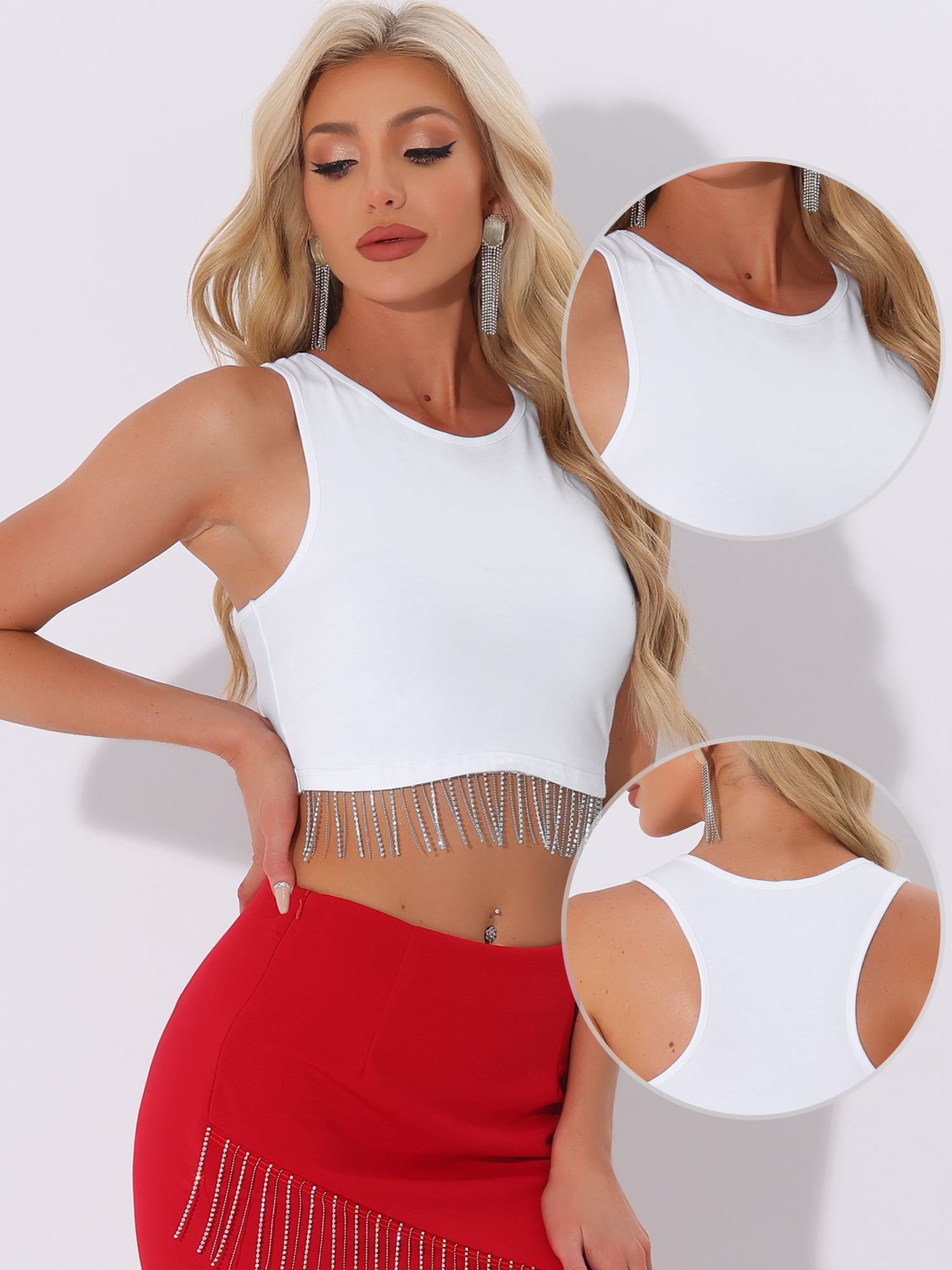 DARING DIVA Women's Rhinestone Fringe Tassel Trim Racerback Tank Top XL White