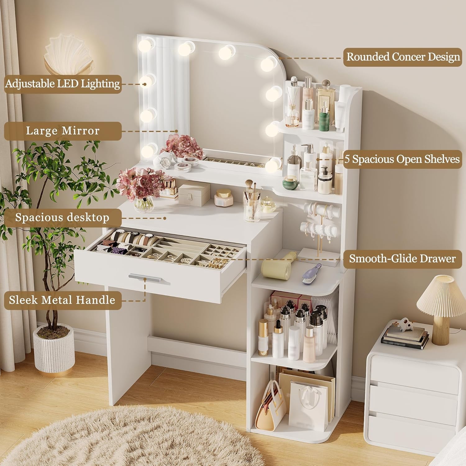 32" Makeup Vanity Desk with Mirror and Lights, 3 Lighting Colors, 5 Storage Shelves & Large Drawer, White Vanity Set for Bedroom, Girls and Women