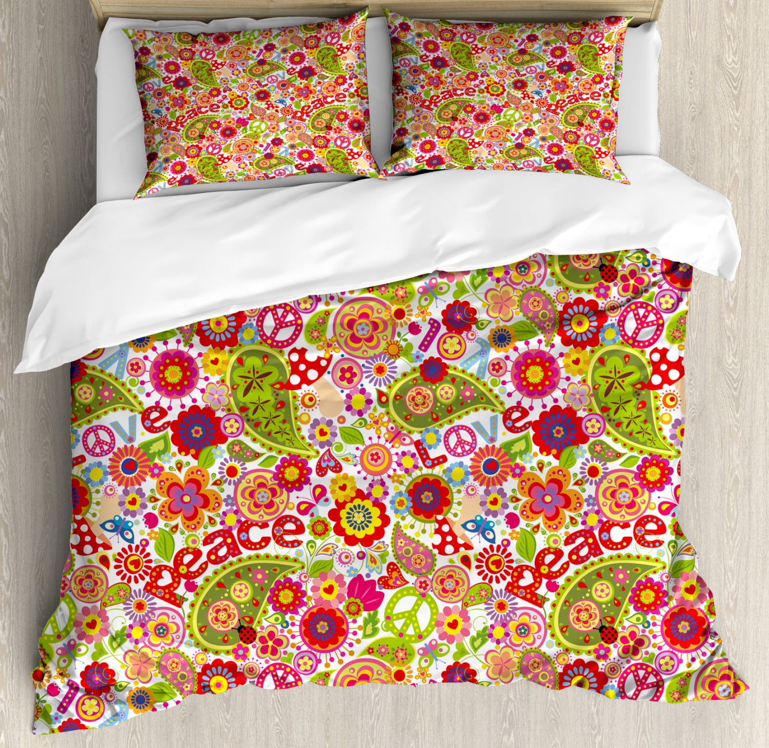 70s Party Duvet Cover Set, Festive Hippie Childish Composition of Mushrooms Poppies Peace Fun