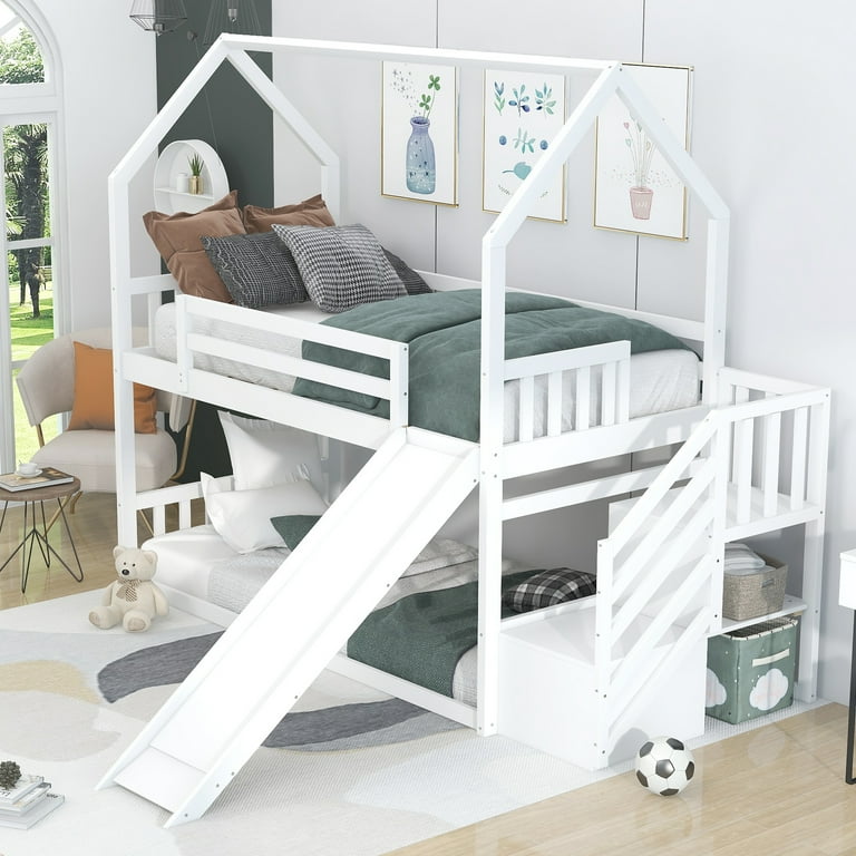 EUROCO Twin over Twin House Bunk Bed with Staircase for Kids Bedroom Solid Wood Bunk for Child White