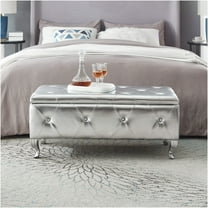 JERFIT Silver Upholstered Storage Ottoman Bench with Crystal Buttons, Faux Leather Footrest Stool for Living Room, Bedroom, Entryway