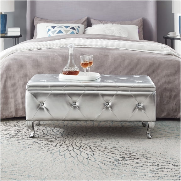 JERFIT Silver Upholstered Storage Ottoman Bench with Crystal Buttons, Faux Leather Footrest Stool for Living Room, Bedroom, Entryway