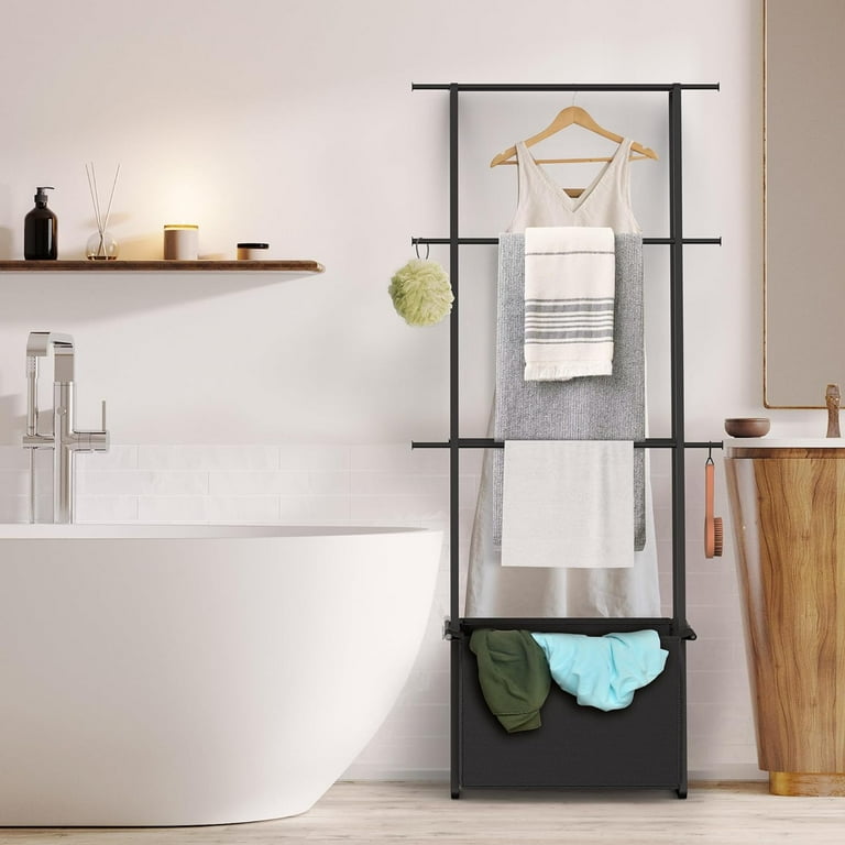 Blanket Ladder Towel Rack with Basket, Wall Leaning Ladder Towel