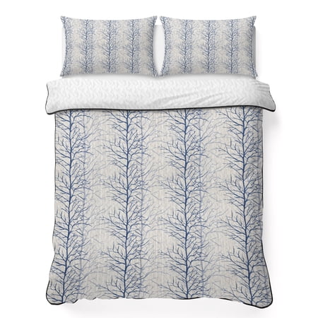 Full Quilt Bedding Set Gradient Branches Tree Silhouette Soft Microfiber Summer Bedspread Coverlet with 2 Pillow Shams Abstract Plant on Stripe Breathable Bedding Set for Hot Sleepers