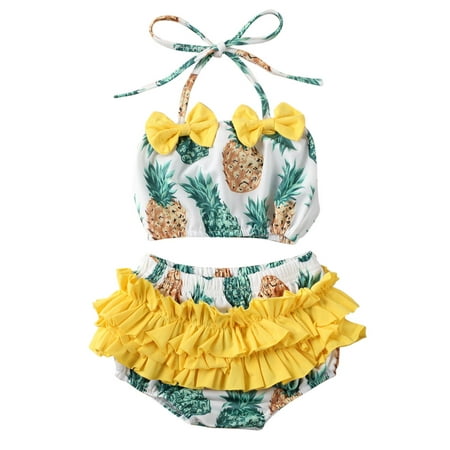 

Baby Girl Swimsuit Kids Summer Pineapple Watermelon Print Halter Bathing Suit Tankini Bikini Set Lace Swimwear Beachwear Cute Lovely Holiday Clothing Suit
