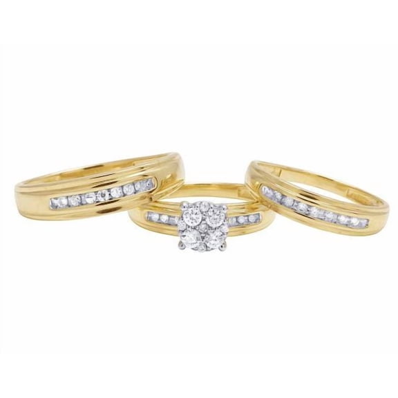 Sparkle Jewels 3-Piece Gold Finish CZ Cluster Bridal Ring Set – Wedding Engagement Bands for Him & Her
