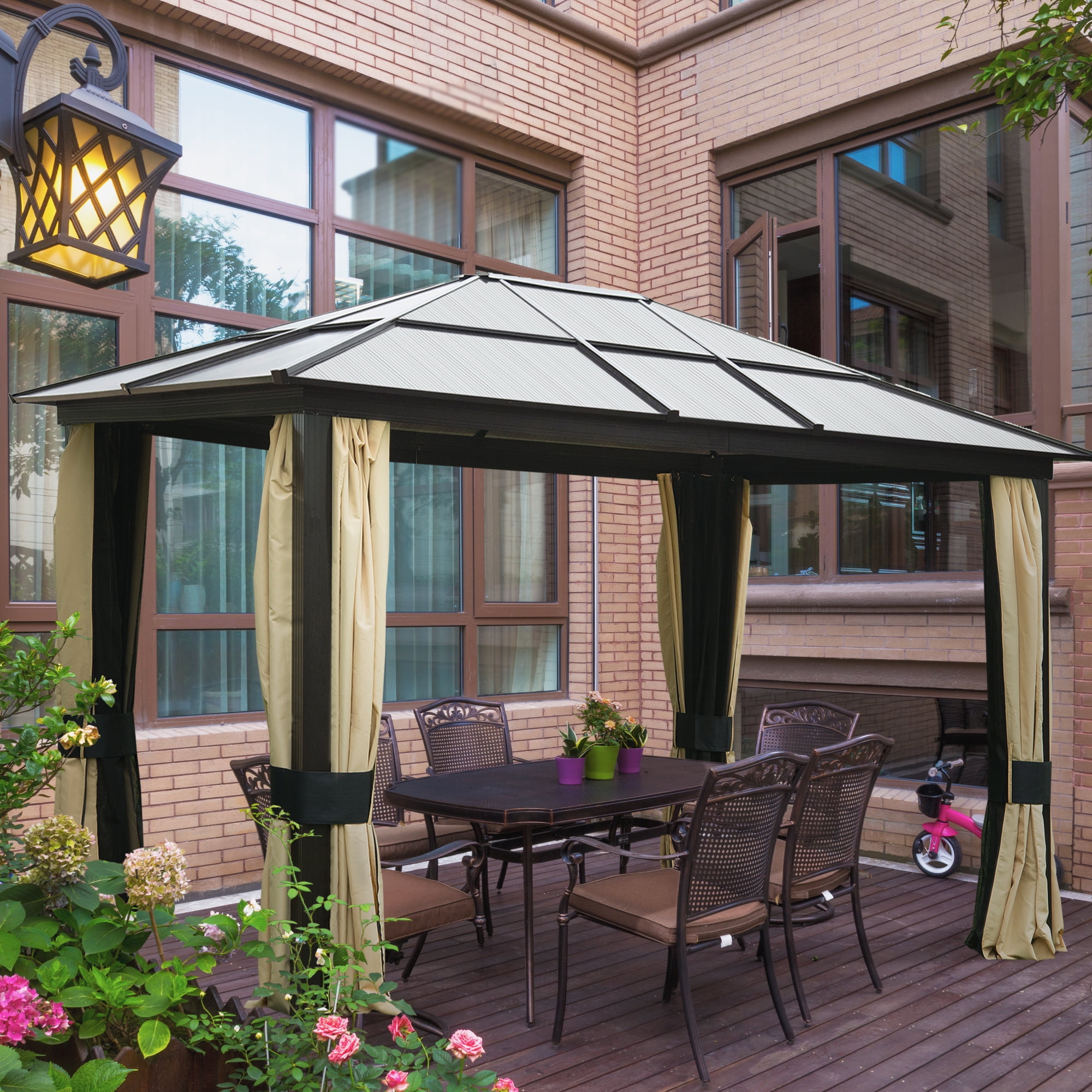 Outsunny 10' x 12' Hardtop Gazebo Canopy with Polycarbonate Roof, Aluminum Frame, Permanent Pavilion Outdoor Gazebo with Netting, for Patio, Garden, Backyard, Deck, Lawn, Black, Beige