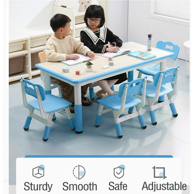 Historyli Juego de mesa y 6 sillas, altura ajustable, escritorio con grafiti y patas antideslizantes, capacidad máxima de 136 kg, mesa de actividades artísticas para niños de 2 a 10 años, color azul