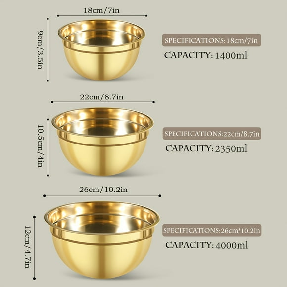 AMERTEER 3PCS mixing bowl/14PCS (7PCS mixing bowl + 7PCS lid)Stainless Steel Golden Mixing Bowl Set with Lid White/Black/Khaki Christmas Serving Golden Mixing Bowl Stainless Steel Golde