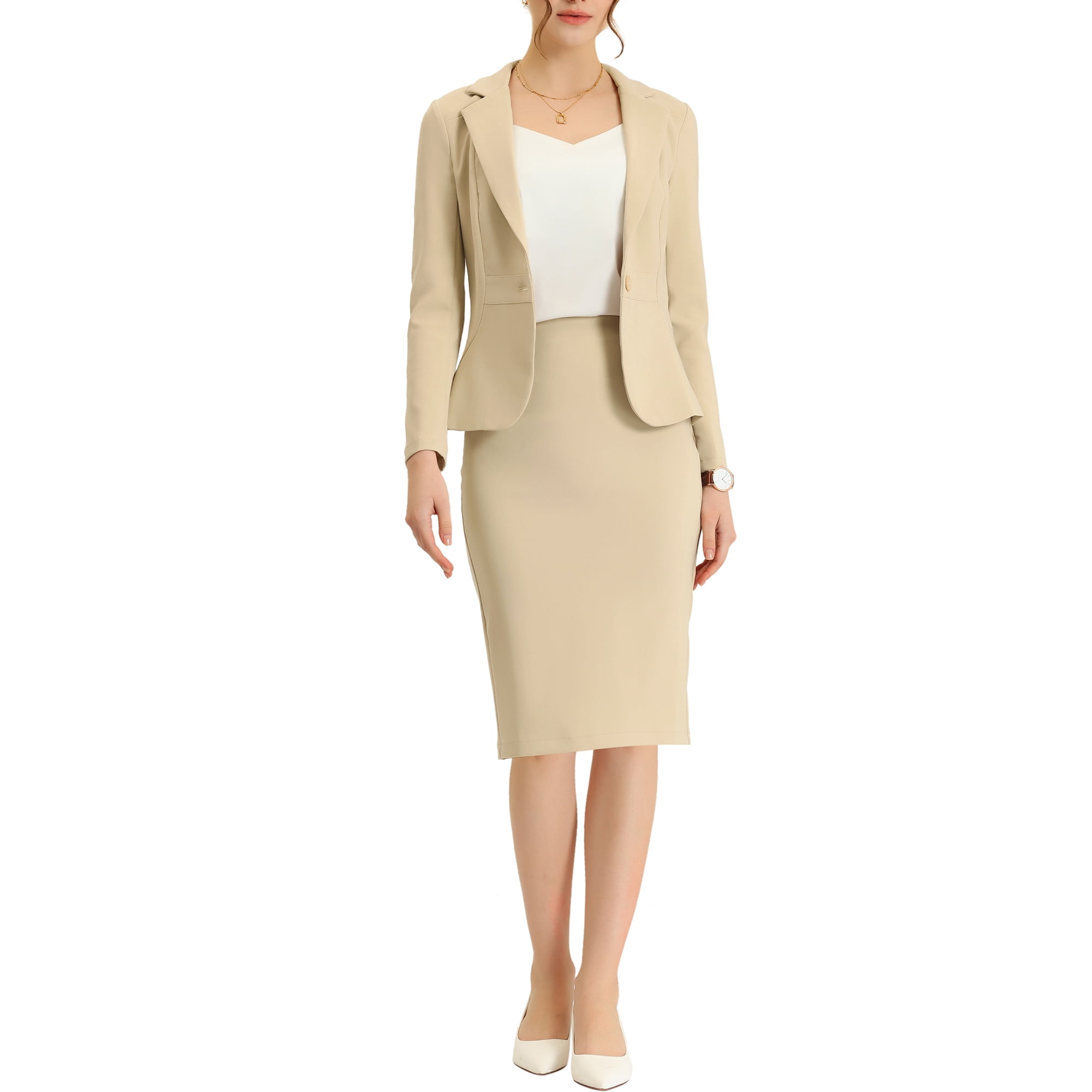 Unique Bargains Women s 2 Piece Suit Skirt Set Business Long Sleeve Blazer and Pencil Skirt Outfit Khaki S