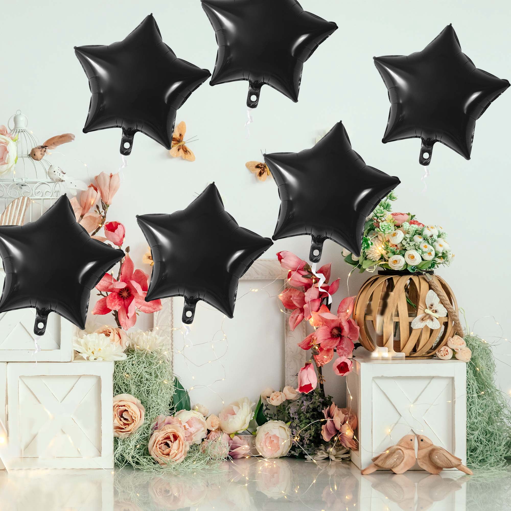 Unique Bargains 10Pcs Helium Balloons with Ribbon Star Pattern Black