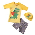 thumbnail image 6 of Rggeeun Child Boys Swimsuit Set 3Pc Cartoon Dinosaur Pattern Short Sleeve Crew Neck Top & Elastic Waist Above Knee Trunks with Hat for Summer Beach Wear Classic Swim Wear,Multicolor,7-8 Years, 6 of 6