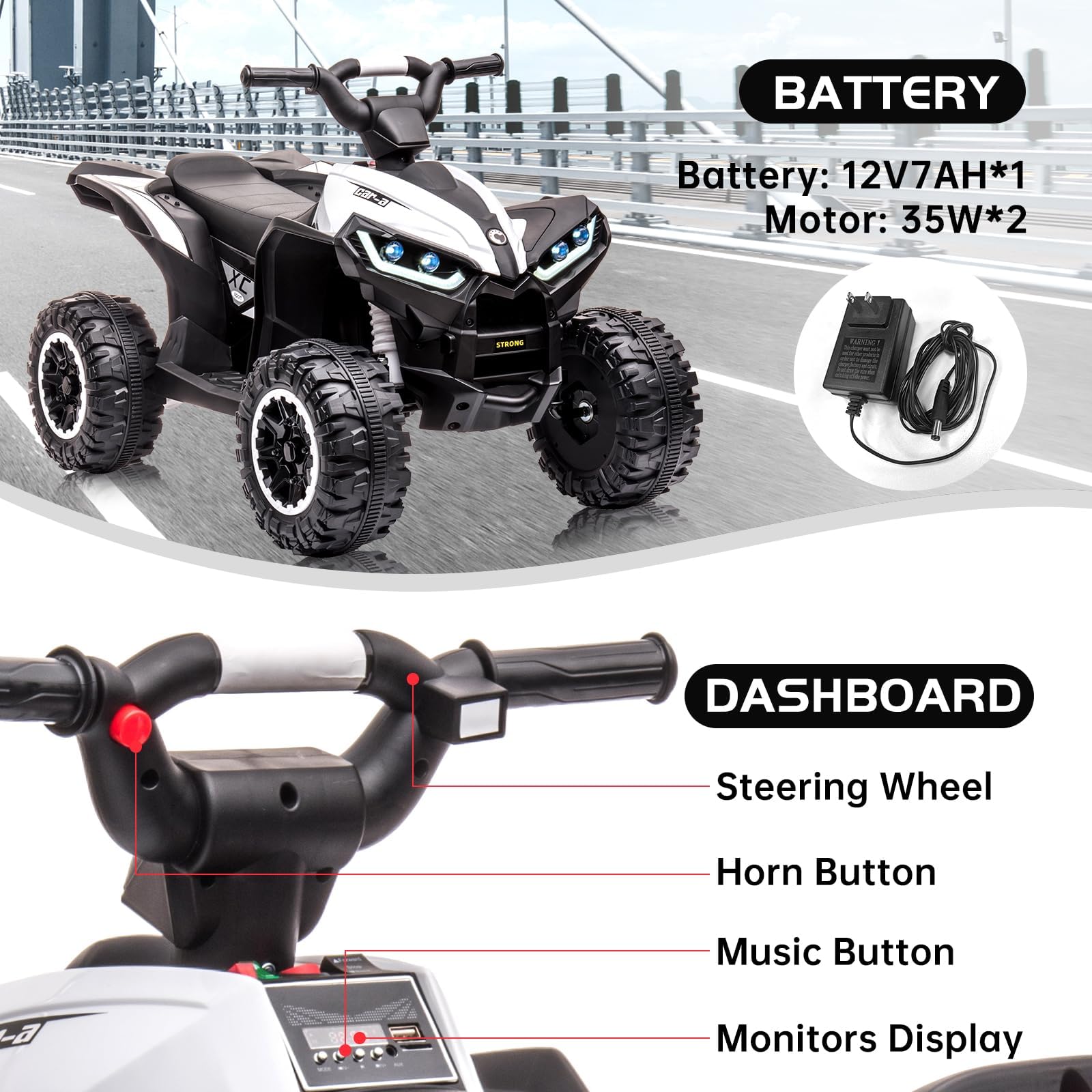 Accreate Battery Powered 12V Kids Electric ATV, Dual Motor 4-Wheeler with Parent Remote, Music Dashboard, 1.9–3.1 MPH, 7AH, Shock Absorber, Front Lights, for Children Ages 3–8, 40–60 Min Run Time