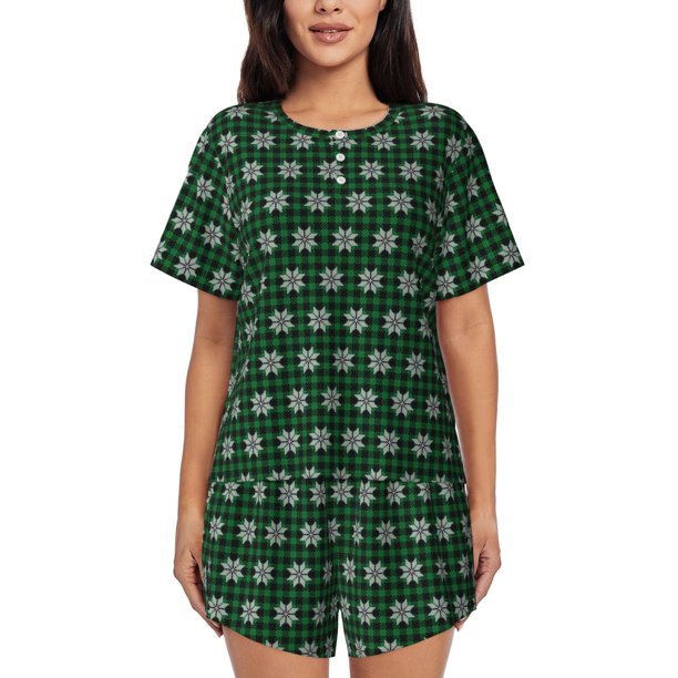 Fotbe Green Buffalo Plaid Merry Christmas Conjunto de Pijama Estampado para Mujer, 2 Piezas, Ropa de Dormir con Camiseta de Manga Corta y Shorts Suaves-3X-Large