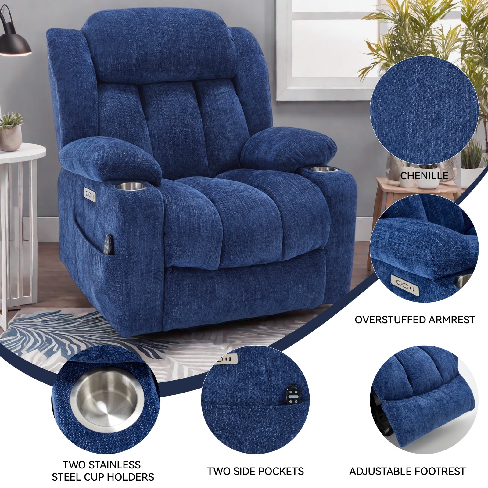 Power Lift Recliner Chair with Heat and Massage, 8-Point Vibration & Lumbar Heat, 350LB Capacity, Infinite Position, USB Charger, Side Pockets, Soft Fabric for Elderly, Dark Blue