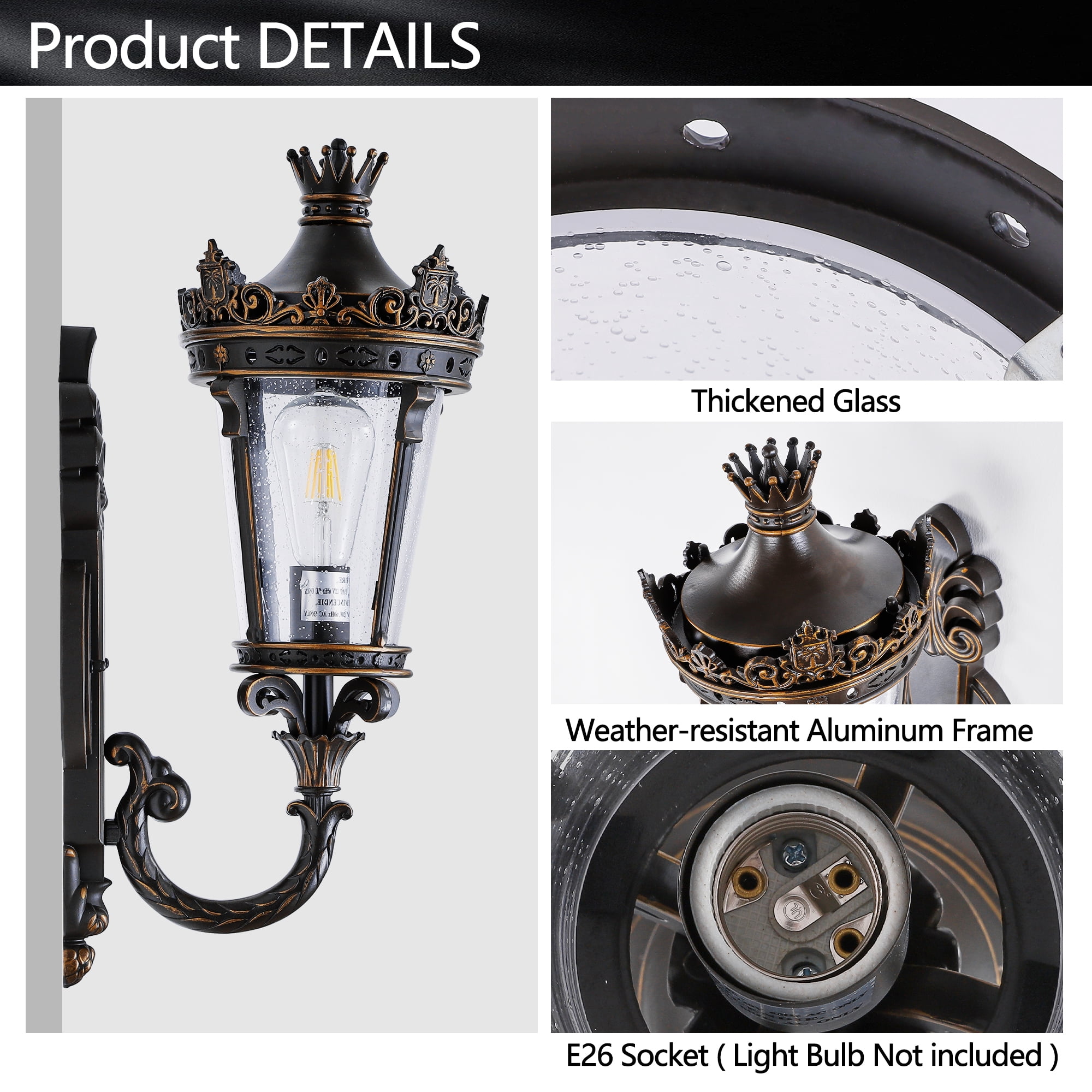 Leumius 21"(H) Vintage Outdoor Wall Lantern, Waterproof Exterior Wall Sconce with Crown Top and Clear Glass, Decorative Outdoor Lighting Fixture for Patio, Garden or Entryway (One piece&No bulb)
