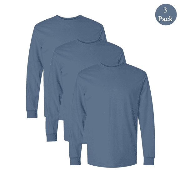 Gildan Ultra Cotton Long Sleeve T-Shirt, Men's Comfortable Indigo Blue Casual Blank Tee, 3-Pack, S