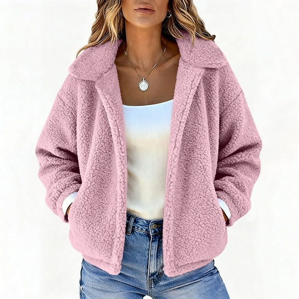 HongQid Women's Coat Casual Lapel Fleece Fuzzy Faux Shearling Zipper Coats Warm Winter Cropped Outwear Jackets