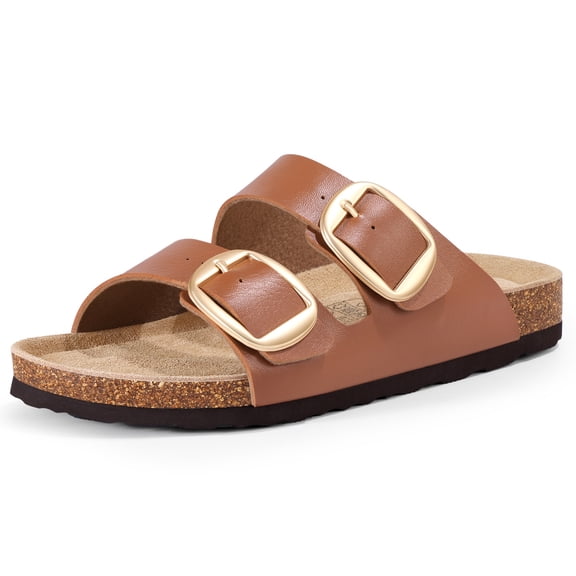 Litfun Women's Cork Footbed Slide Sandals Summer Leather Flat Sandals with Adjustable Buckles, Brown