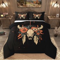 Homewish Bohemian Bull Skull Bedding Comforter Set,Boho Tribal Twin Comforter Sets,Rustic Farmhouse Cabin Bedding Set For Men Women,Super Cozy Room Decor Reversible,2-Piece