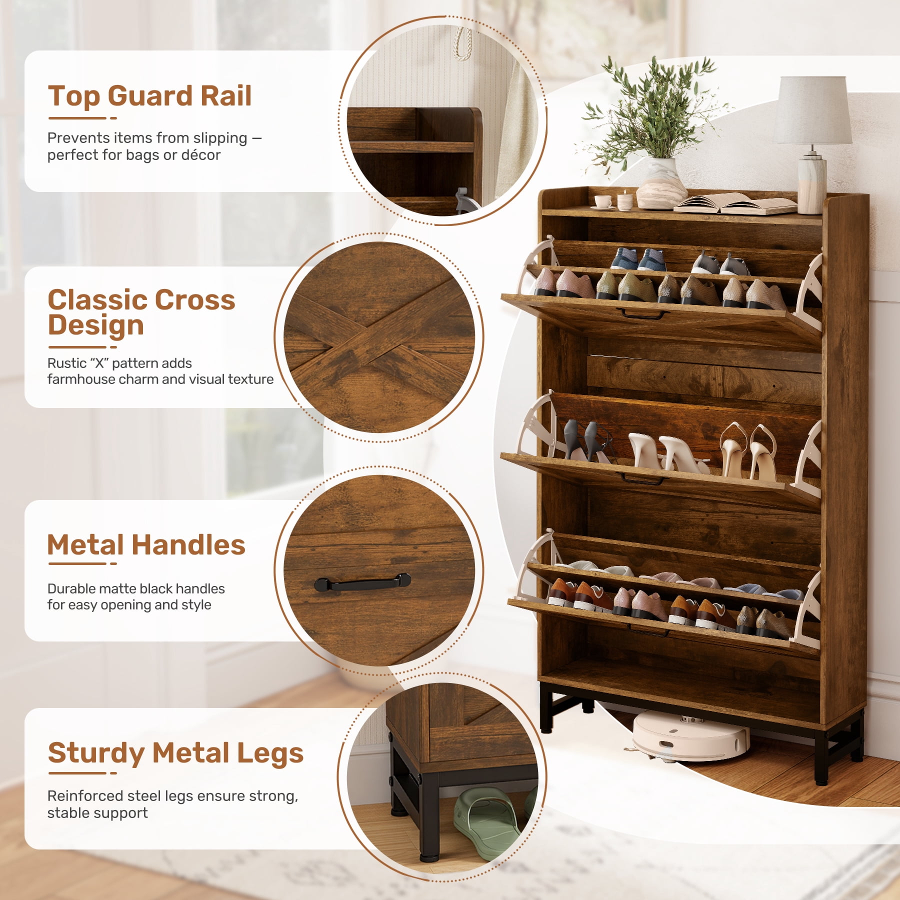 MOONMISS Shoe Storage Cabinet with 3 Flip Drawers and Open Storage,Rustic Wooden Shoe Organizer for Entryway Hallyway