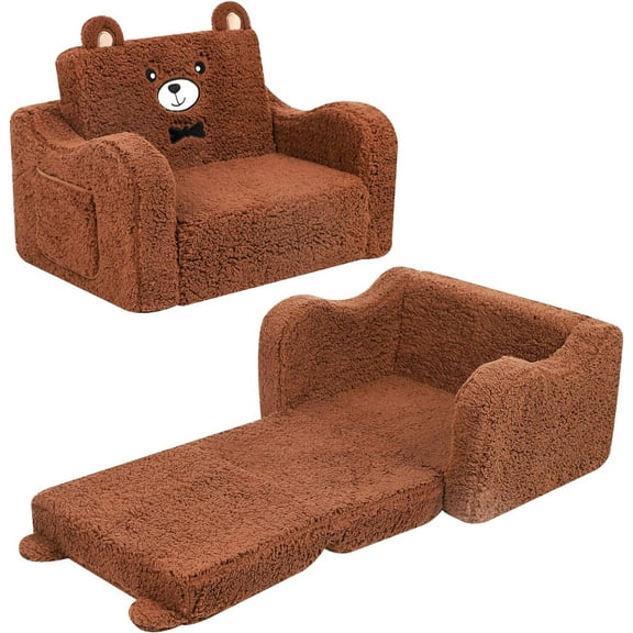 Kids Chairs for Toddler, 2-in-1 Toddler Soft Sherpa Couch Fold Out, Convertible Sofa to Lounger for Girls and Boys, Teddy Bear, Brown
