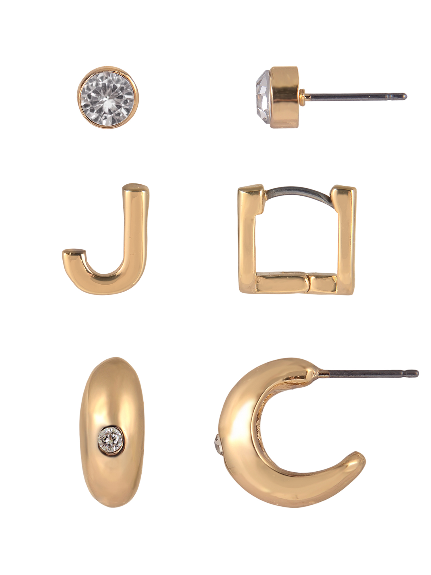 Time and Tru Goldtone 3-On Crystal Stud, Hoop, Initial "J" Earring Set
