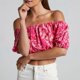 thumbnail image 4 of Women's Off Shoulder Short Sleeve Shirt Floral Print Blouse Frill Trim Crop Top rose Red XL, 4 of 4