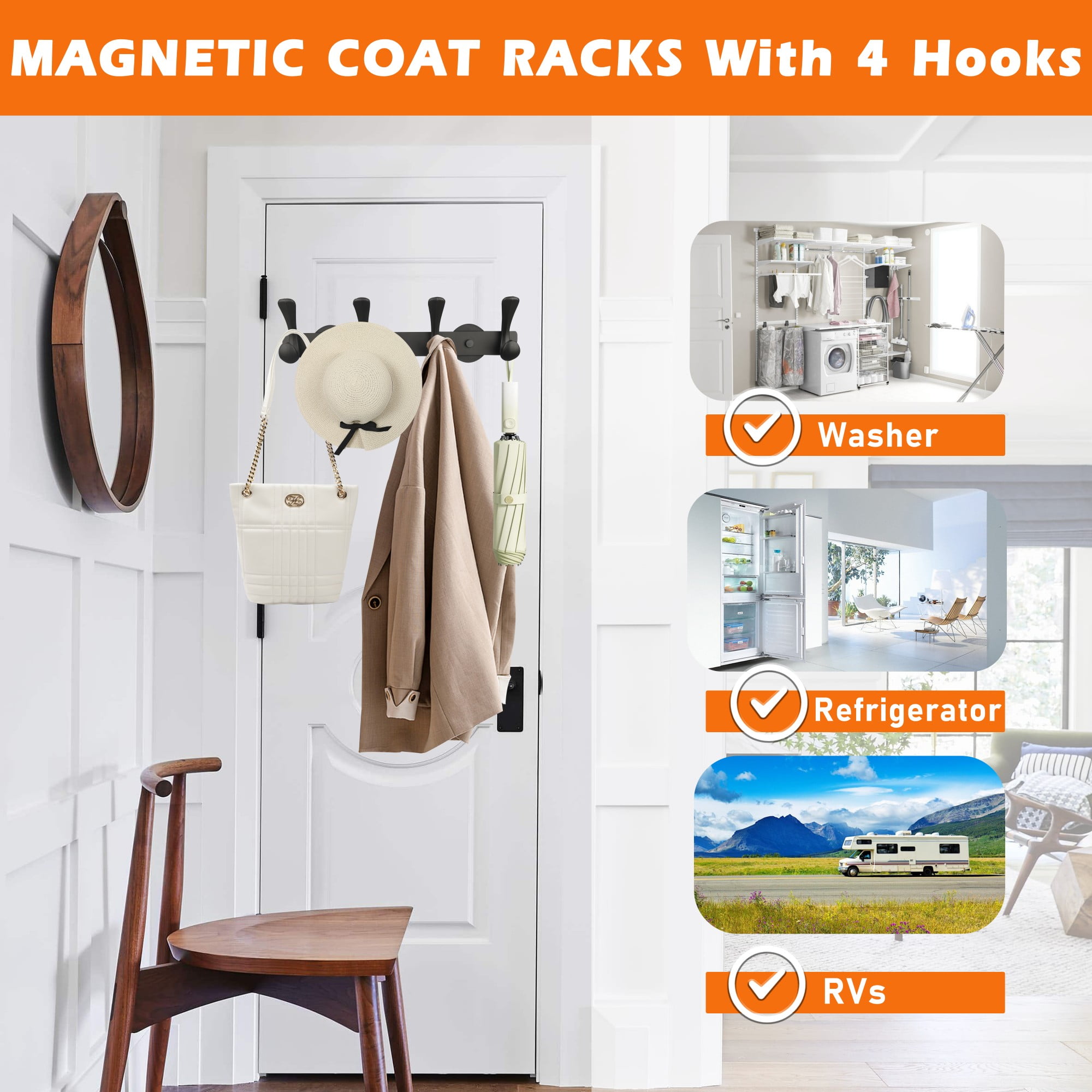 ULIBERMAGNET Strong Magnetic Double Hooks Rack,Heavy Duty Coat Magnetic Rack,Strong Rubber Magnetic Hanger with 4 Hooks for Refrigerator,Metal Cabinet,Hanging Coat, Towel, Bag, Backpack